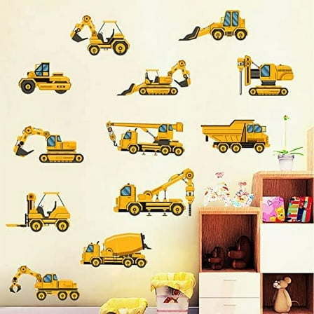 Construction Vehicles Wall Stickers, Boys Room Decor, Truck Digger Stylish Wall Decals for Bedroom Living Room, Cartoon Engineering Car Wall Murals Peel and Stick (12 PCS)