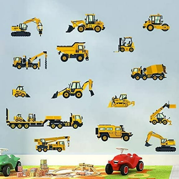 Construction Vehicles Wall Stickers, Boys Room Decor, Truck Digger Stylish Wall Decals for Bedroom Living Room, Cartoon Engineering Car Wall Murals Peel and Stick (16 PCS)