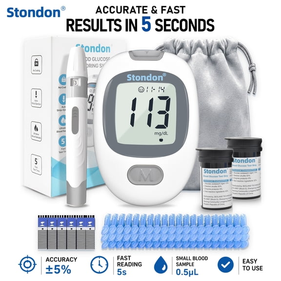 Stondon Blood Glucose Monitor Kit, 100 Glucometer Strips, 100 Lancets, 1 Blood Sugar Monitor,1 Lancing Device,Blood Sugar Test Kit, No Coding, Large Display, Diabetes Testing Kit