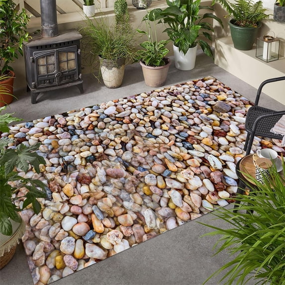 Stone 3D Beach Pattern Area Rug, Coastal Indoor Outdoor Design Carpet, Waterproof Non Slip Washable Durable, Patio Deck Balcony Porch Pool Mat 5x8ft