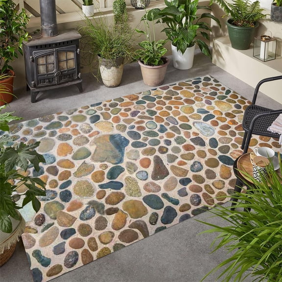 Stone 3D Illusion Navy Blue Area Rug, Coastal Outdoor Design Carpet, Washable Non Slip Waterproof Durable, Patio Deck Balcony Porch Pool Mat 5x8ft
