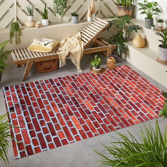 Stone 3D Texture Burgundy Area Rug, Modern Outdoor Design Carpet, Washable Non Slip Waterproof Durable, Patio Deck Balcony Backyard Camping Mat 5x7ft