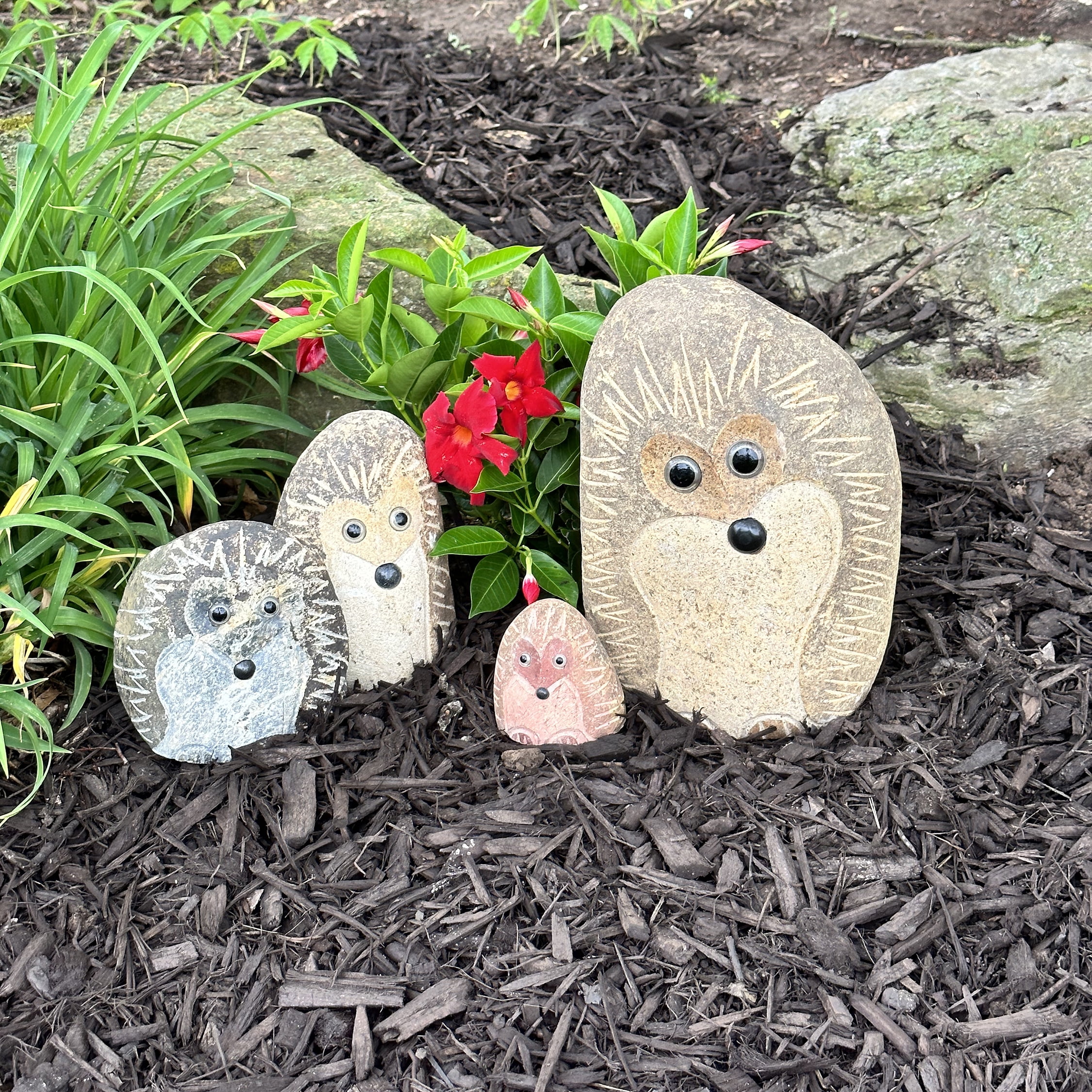 Natural Granite Boulder Hedgehog Family Garden Decor Set