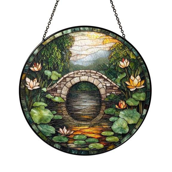 Stone Arch Bridge Lotus Pond Stained Glass Style Suncatcher Window Hanging, Mountain Sunset River Landscape Window Decor Ornament, Scenic Decorative Glass Art Panel