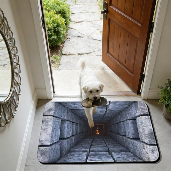 Stone Arch Tunnel 3D Illusion Door Mat 16x24 Inches, Medieval Castle Non-Slip Rug, Depth Effect Absorbent Floor Mat for Entryway, Game Room, Basement, Wine Cellar, Themed Home Decor