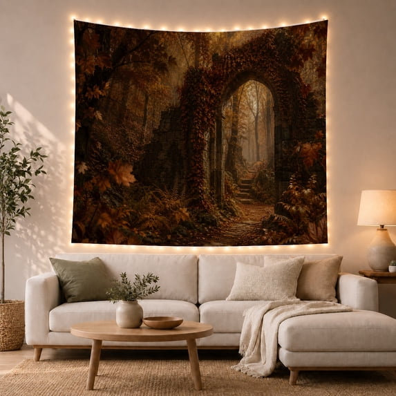 Stone Archway in Autumn Forest, Moody Rustic Style for Dark Academia Decor Fans, Woodland Path Wall Decor, Housewarming Gift, Tapestry Wall Hanging for Bedroom and Study Room