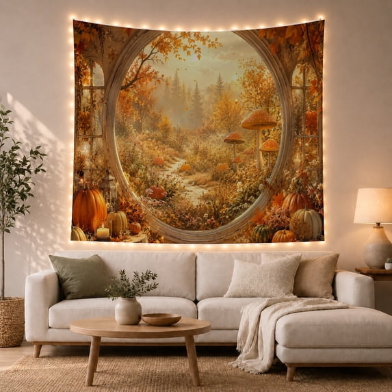 Stone Archway with Autumn Path and Mushrooms, Mystical Fantasy for Cottagecore Lovers, Enchanted Forest Art Decor, Holiday Gift, Tapestry Wall Hanging for Bedroom and Living Room