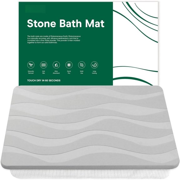 Stone Bath Mat, 23.6'' x 15.4'' Super Absorbent Diatomaceous Earth Bath Mat Large, Quick Drying Non-Slip Diatomite Stone Bath Mats for Bathroom, Easy to Clean (Light Gray)