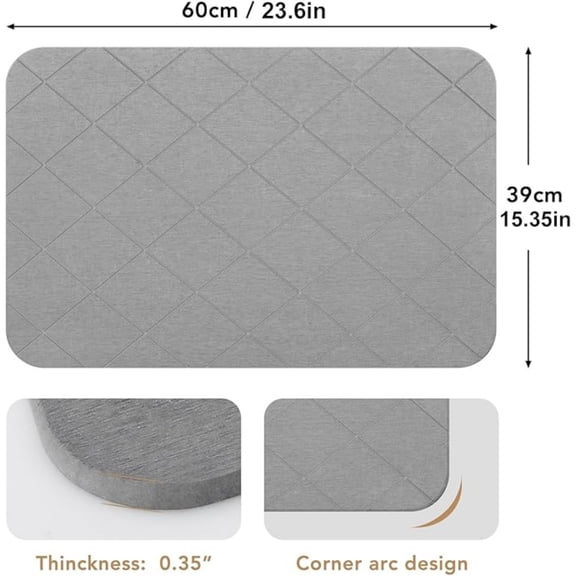 Stone Bath Mat, Diatomaceous Earth Shower Mat, Non-Slip Super Absorbent Quick Drying Bathroom Floor Mat, 2 Pack, Grey