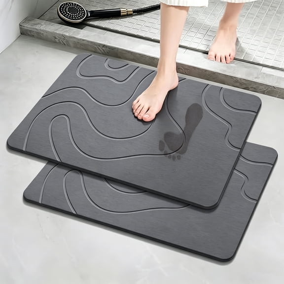 Stone Bath Mat Diatomaceous Earth Shower Mat, Set of 2, Non-Slip Super Absorbent Diatomite Stone Mats for Bathroom Floor, Quick-Drying, 24x16 Inches, Grey