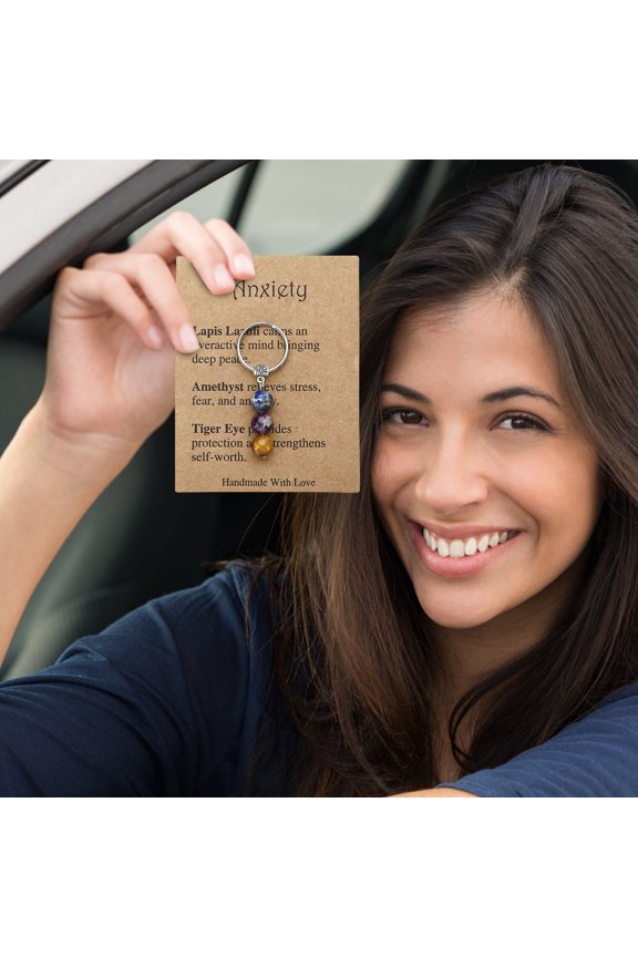 Stone Bead Keychain Souvenir Gift for Women Men, Handmade Gemstone Key Ring Charm Accessories for Car Keys Bag Purse, Birthday Party Favors Gifts G, 1Pcs