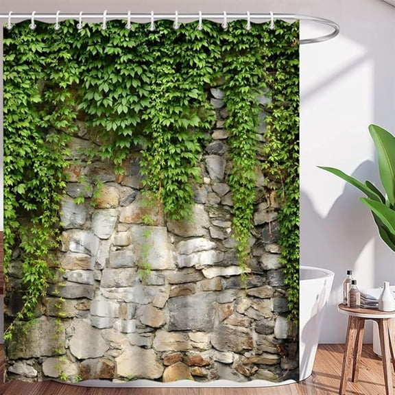Stone Brick Wall Shower Curtain Green Leaves Plant Vine Rustic Marble Rocks Stone Wall Rustic Country Nature Botanical Polyester Curtains Bathroom Decor With Hooks 36"W x 72"L