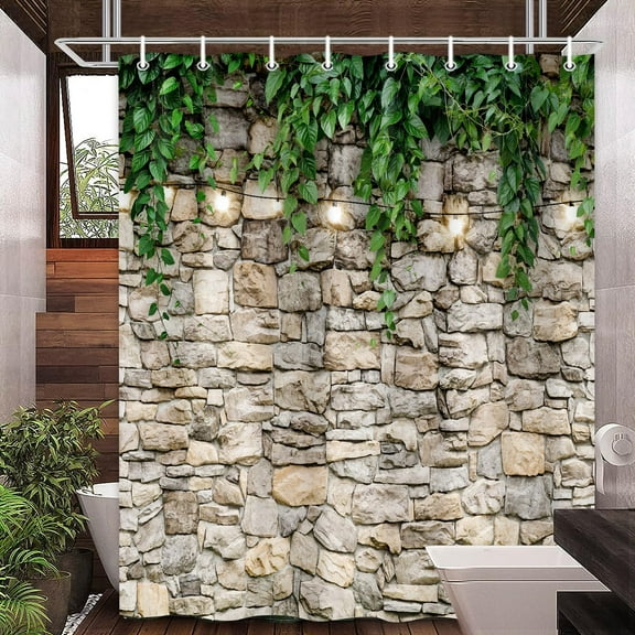 Stone Brick Wall Shower Curtain, Green Leaves Shower Curtain Set for Bathroom, Vintage 3D Vine with Lights Fabric Shower Curtain Restroom Bathtub Decor Accessories with Hooks
