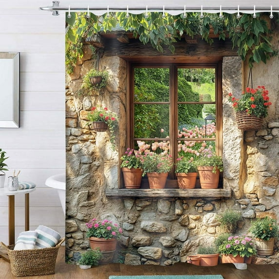 Stone Brick Wall Shower Curtain for Bathroom,Vintage Green Leaves Floral Plant Decor Bath Curtain,Rustic Farmhouse Shower Curtain Set with Hook 72X84