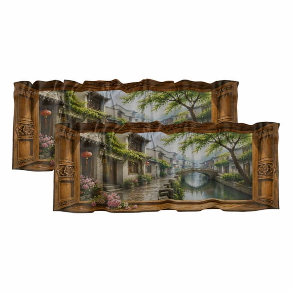 Stone Bridge 2 Panels Kitchen Valance, Window Frame Rain House Tree Rustic Countryside Curtains Valances for Small Windows Rod Pocket Window Treatments for Living Room Bedroom 42" W x 12" L