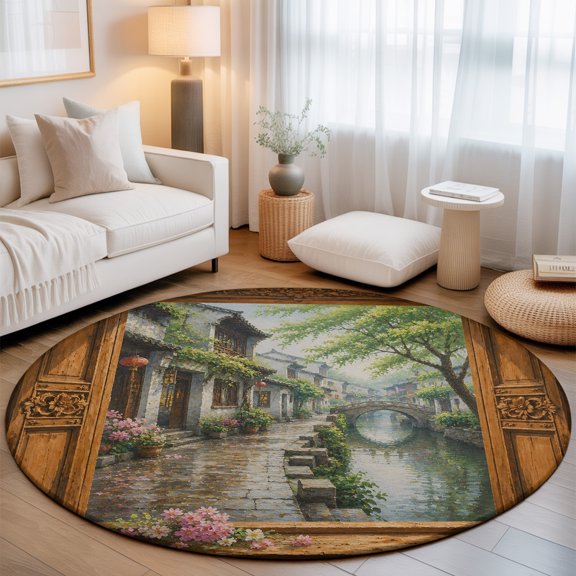 Stone Bridge 6' Round Rugs for Living Room Under Coffee Table, Window Frame Rain House Tree Rustic Countryside Soft Sturdy Washable Non Slip Circle Kitchen Floor Area Rug