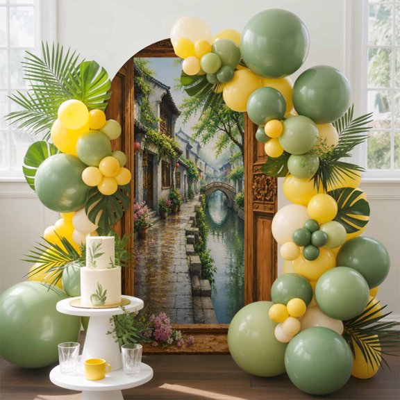 Stone Bridge Arch Backdrop Cover, 4FT, Window Frame Rain House Tree Rustic Countryside Spandex Arch Covers Double-Sided Backdrop for Wedding Birthday Party Photo Background Decoration