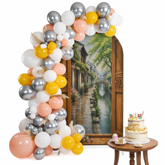 Stone Bridge Arch Backdrop Cover 4FT Window Frame Rain House Tree Rustic Countryside Spandex Fitted Arch Covers Stretchy Backdrop Decoration for Wedding Birthday Graduation Party