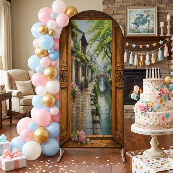 Stone Bridge Arch Backdrop Covers 4 FT, Window Frame Rain House Tree Rustic Countryside Stretchy Fitted Arched Stand Covers Party Arch Stand Cover Photo Booth for Wedding Birthday Decor