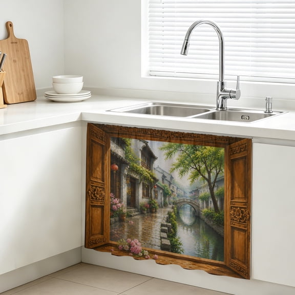 Stone Bridge Cabinet Curtains for Kitchen 10"W x 11"L, Window Frame Rain House Tree Rustic Countryside Under Sink Skirt Magic Tape Short Curtain Decorative Privacy Panel for Bathroom Laundry