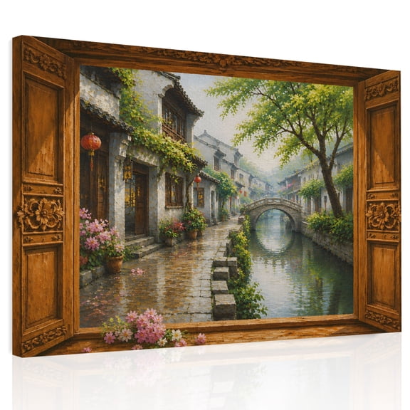 Stone Bridge Canvas Print Wall Art Window Frame Rain House Tree Rustic Countryside Wall Decor Modern Artwork Paintings Pictures for Living Room Stretched and Framed Ready to Hang - 24" x 32"