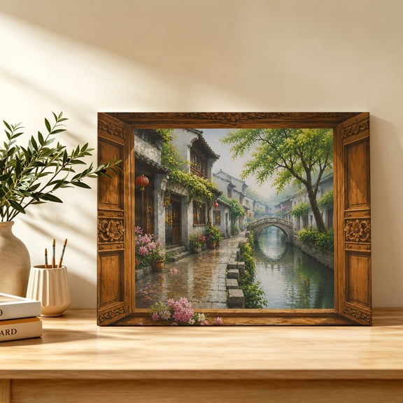 Stone Bridge Canvas Wall Art, Window Frame Rain House Tree Rustic Countryside Wall Art Prints Artwork Framed Canvas Ready to Hang Art Pictures for Bathroom Bedroom Entry Desk Corner 10" x 8"