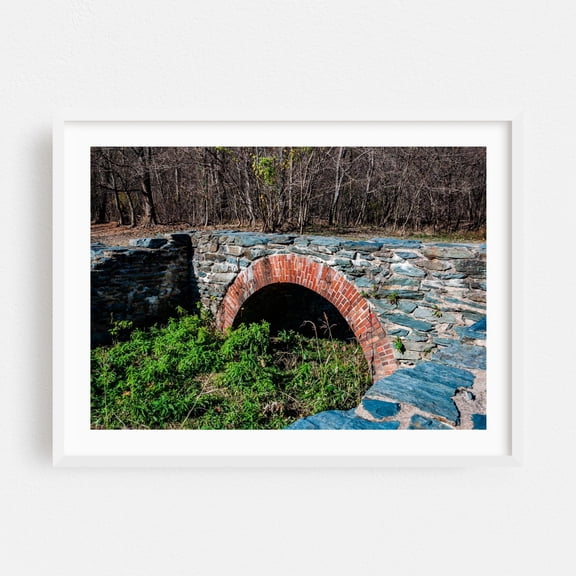 Stone Bridge  - Harpers Ferry West Virginia Photography Bridge Rustic Architecture Nature Forest White Framed Wall Art Print 5 x 7 inches