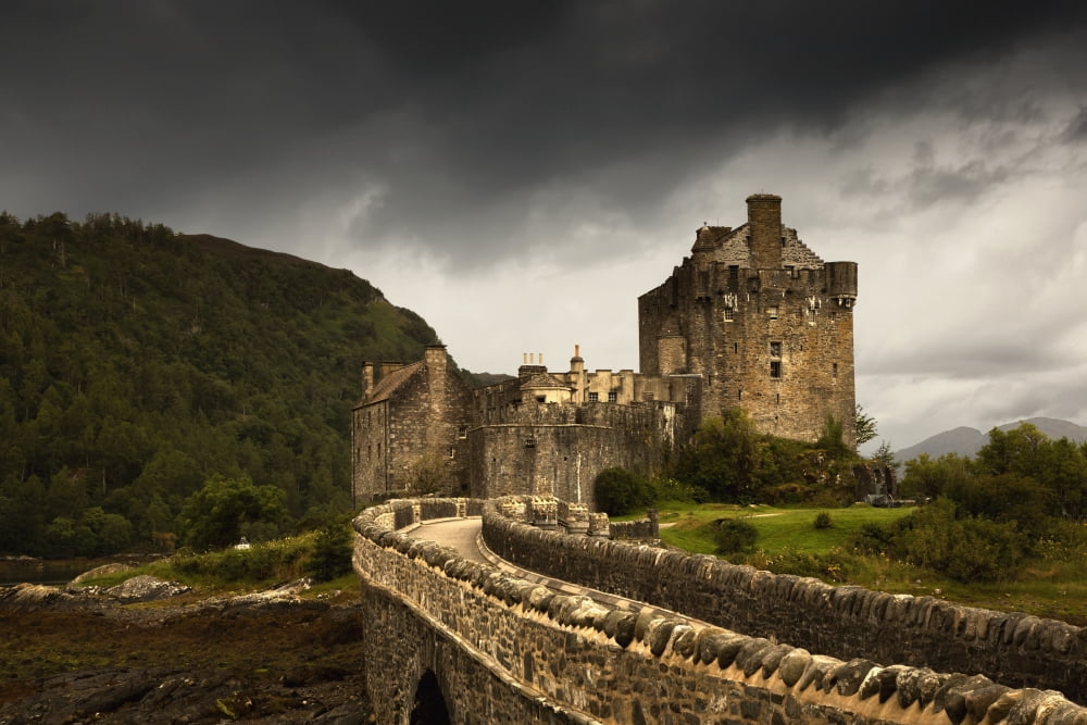 Stone Bridge Leading To A Castle Under A Stormy Sky Kyle Of Lochalsh Highlands Scotland Canvas Art - John Short Design Pics (19 x 12)
