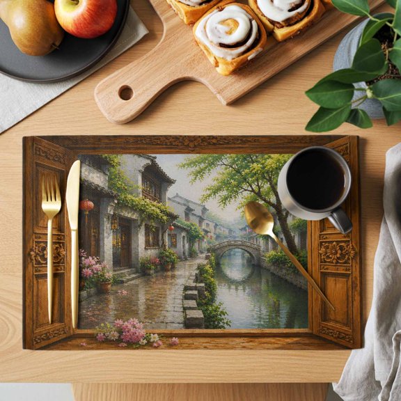 Stone Bridge Placemats Set of 2, Window Frame Rain House Tree Rustic Countryside Heat Insulated Linen Place Mats, Washable Stain-Proof Table Mats for Dining Tables Holiday Decor 13x19 Inches