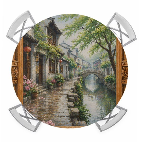 Stone Bridge Round Table Cover, Window Frame Rain House Tree Rustic Countryside Waterproof Fitted Tablecloths for 36"-44" Tables, Washable Picnic Table Cover for Camping Dining Indoor Outdoor
