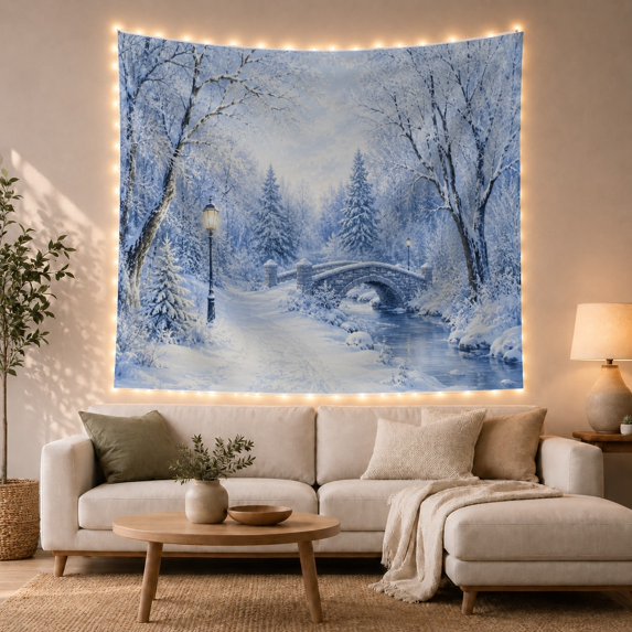 Stone Bridge Over Snowy Forest Stream, Peaceful Watercolor for Nature Lovers, Reflective Water Art, Housewarming Gift, Tapestry Wall Hanging for Living Room and Study Room