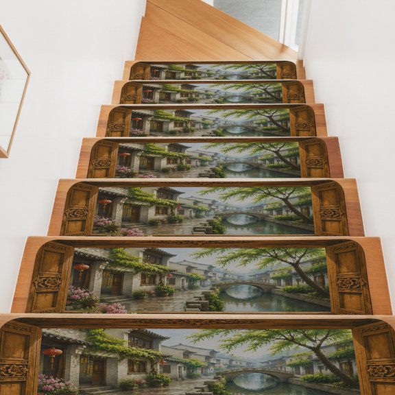 Stone Bridge Stair Treads Non Slip for Steps Window Frame Rain House Tree Rustic Countryside 15 Pcs Reusable Adhesive Stair Runner Mats for Dogs Elders Carpet Treads Rugs for Staircase 8x30 In