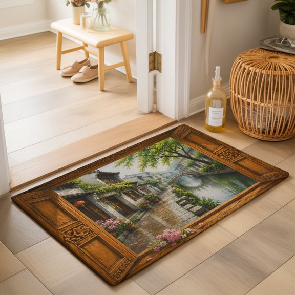 Stone Bridge Washable Small Entryway Area Rugs 2'x3', Window Frame Rain House Tree Rustic Countryside Washable Throw Rug Non-Slip Sturdy Edge Binding Carpet for Front Door Floor Room Entry