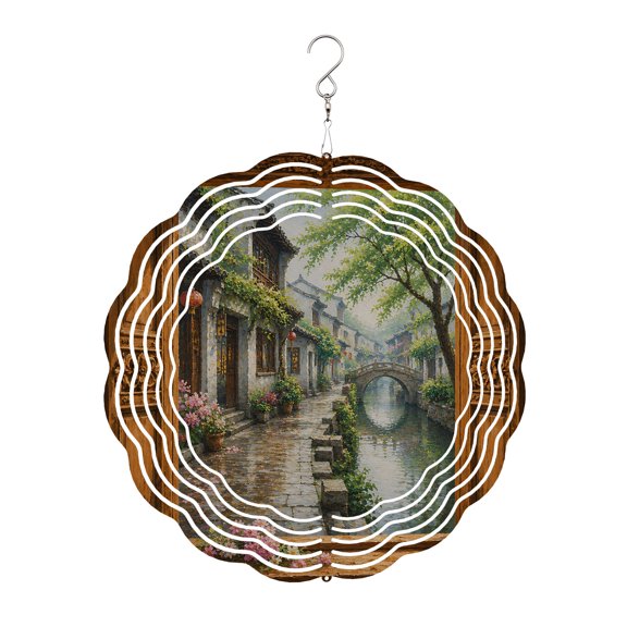 Stone Bridge Wind Spinner for Garden Yard 8In, Window Frame Rain House Tree Rustic Countryside 3D Stainless Steel Kinetic Hanging Wind Spinners Rustproof Outdoor Decor for Lawn Patio Home