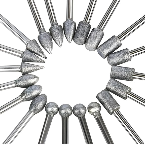 Stone Carving Set Diamond Burrs for Engraving, Grinding, Polishing Stone, Rocks, Jewelry, Glass, Ceramics, Nails Compatible with Dremel Rotary Tools 1/8 inch Shank 20 Pieces Set