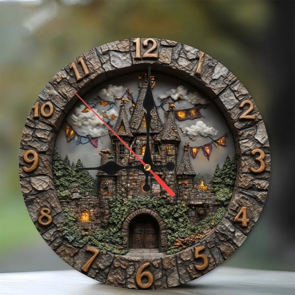 Stone Castle Wall Clock Medieval Fantasy Decor Home 10-Inch Silent Wooden Wall Clock, Battery Operated (AA Batteries Not Included), Artistic Home Decor