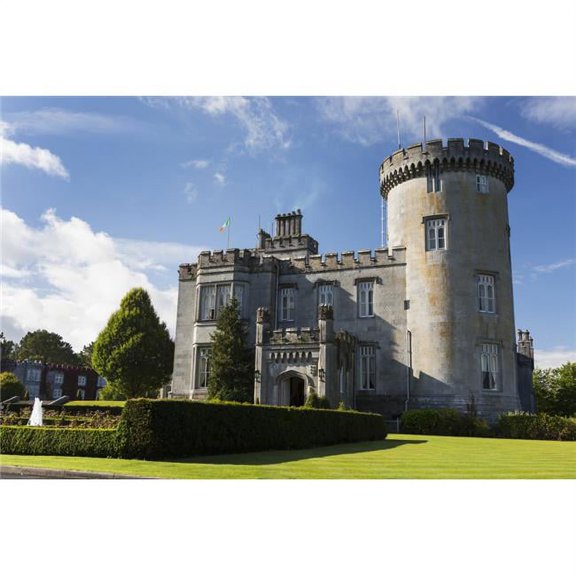 Stone Castle with Turret Manicured Grass Gardens Fountain Blue Sky & Clouds - County Clare Ireland Print - 38 x 24 in. - Large