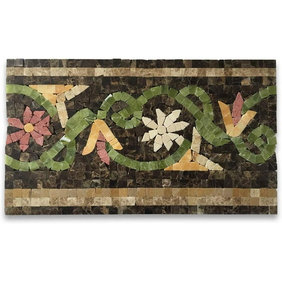 Stone Center Online Blossom Emperador 7.1x12 Marble Mosaic Border Listello Tile Polished Kitchen Bath Wall Floor Backsplash Shower (1 Piece)