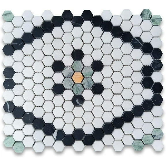 Stone Center Online Thassos White Marble 1 inch Hexagon Historic Snowflake Mosaic Tile w/Nero Marquina Black Sagano Vibrant Green Amarillo Trian Gold Honed Kitchen Bath Wall Floor Backsplash(1 Sheet)