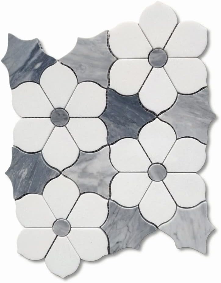 Stone Center Online Thassos White Marble Magnolia Flower Mosaic Tile w/Bardiglio Gray Honed Kitchen Bath Wall Floor Backsplash Shower (1 Sheet)