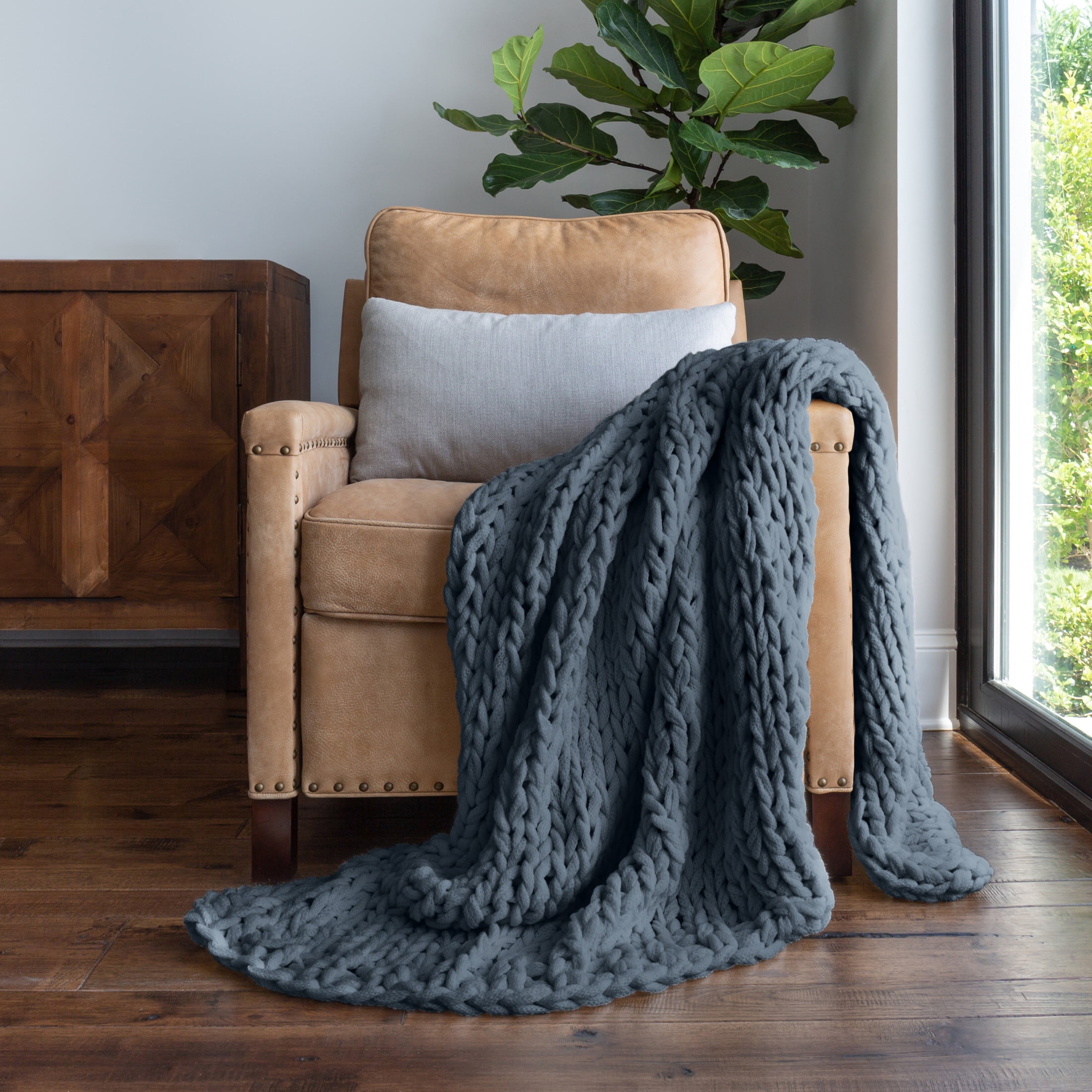 Stone Chunky Knit Throw Blanket, One Size, by Noble Linens