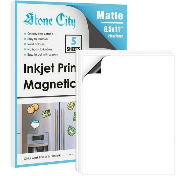 Stone City Printable Magnetic Sheets 8.5x11 Matte Magnet Photo Paper, Cutable for Inkjet + Laser Printers, 5 Sheets for DIY Signs, Crafts, Photo Ablums