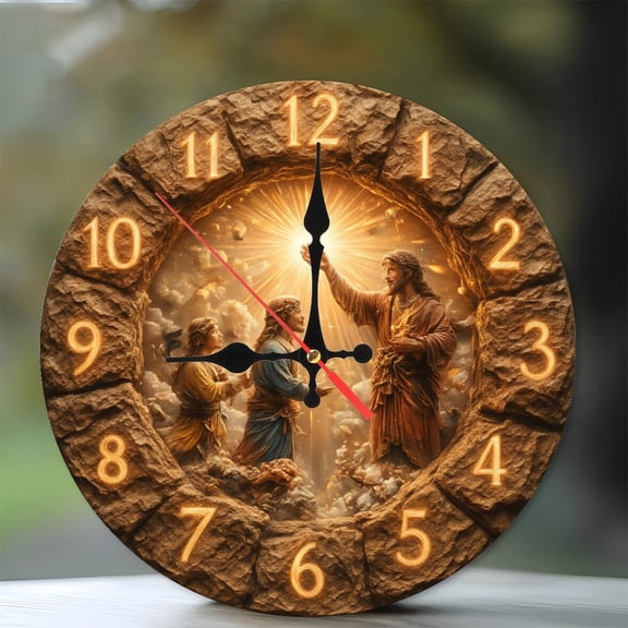 Stone Clock Jesus Christ Ascension Heaven Wall Clock 10-Inch Silent Wooden Wall Clock, Battery Operated (AA Batteries Not Included), Artistic Home Decor