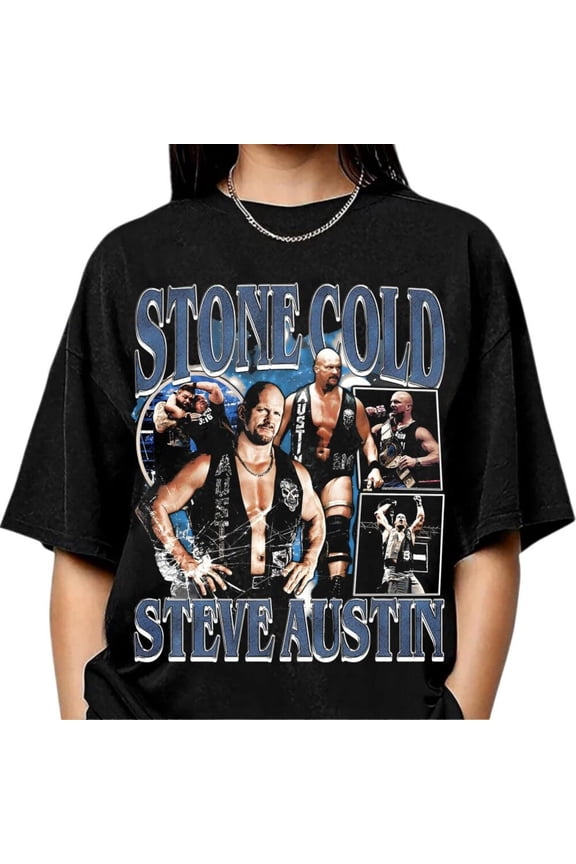 Stone Cold Steve Austin Wrestling Collage T-Shirt, Vintage Pro Wwe Fans Gift Shirt, Retro Bootleg Graphic Tee,Black color,size M