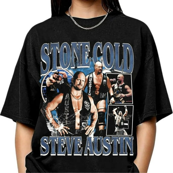 Stone Cold Steve Austin Wrestling Collage T-Shirt, Vintage Pro Wwe Fans Gift Shirt, Retro Bootleg Graphic Tee,Black color,size XL