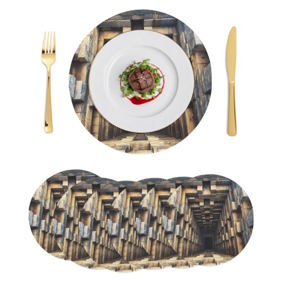 Stone Corridor Round Placemats Set of 6 Deep Well Blocks Industrial Structured Walls Place Mats Indoor Woven Table Mats Washable Heat-Resistance Braided Dining Table Placemats for Kitchen 13 Inch