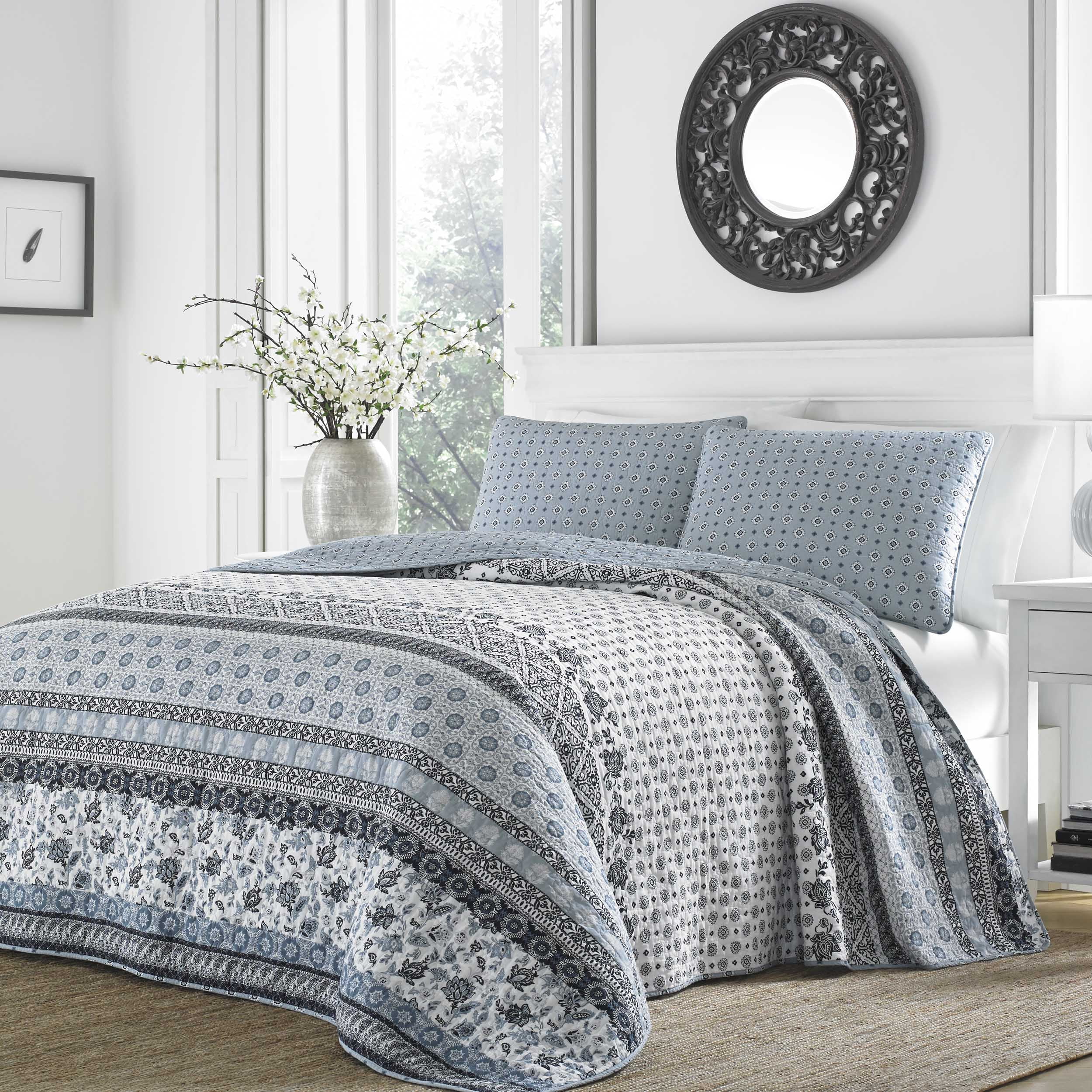 Blue Cotton King Reversible Quilt Set