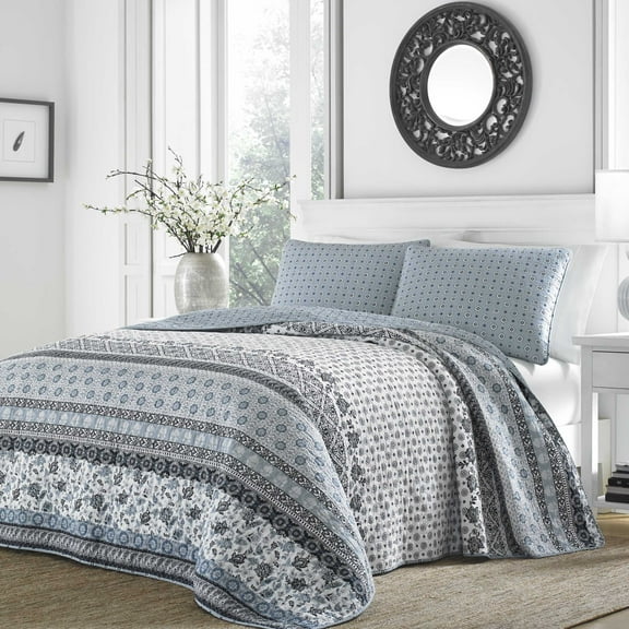 Stone Cottage Bexley Block Print Cotton Reversible 3 Piece King Quilt Set