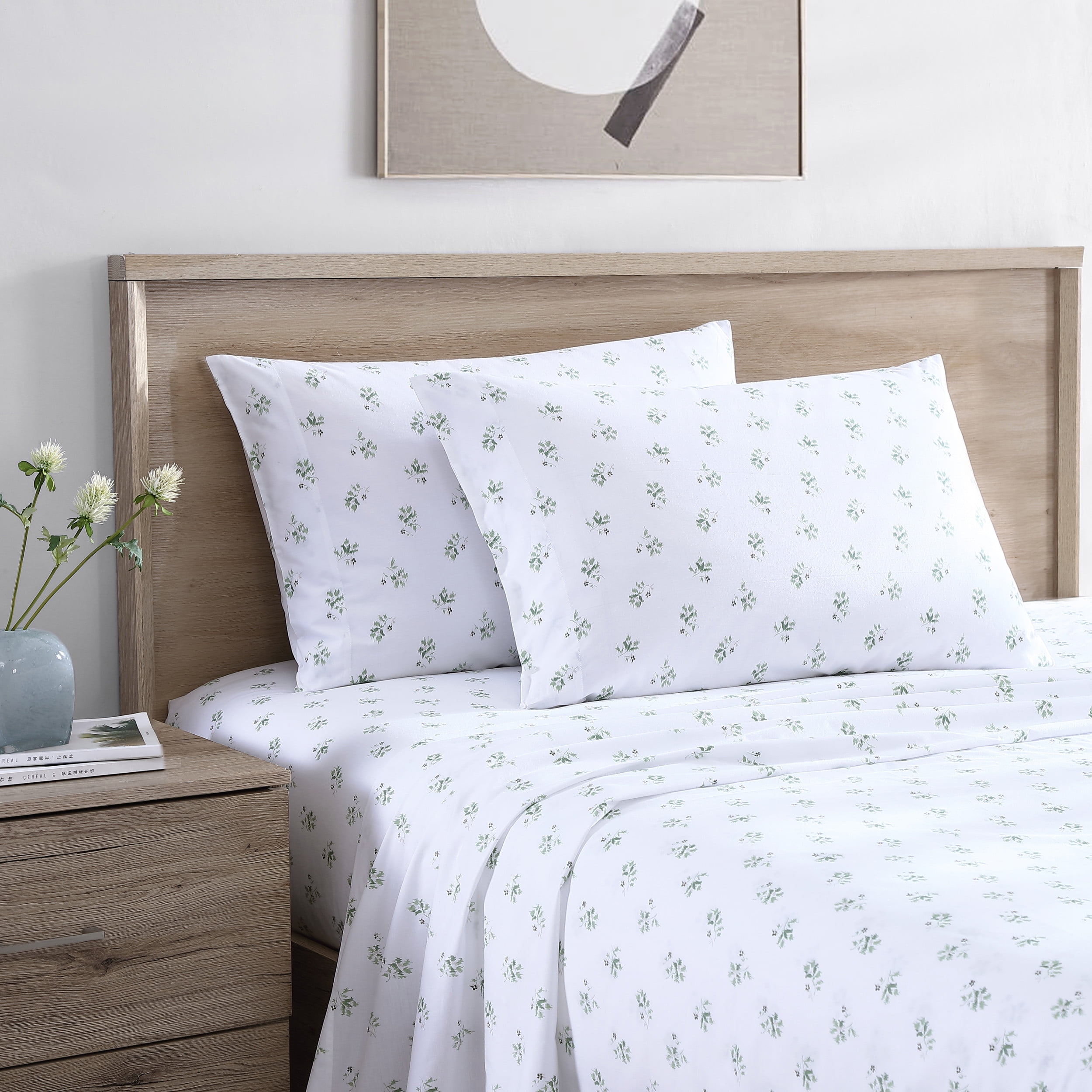 Full White Cotton Percale Floral Deep Pocket Sheet Set