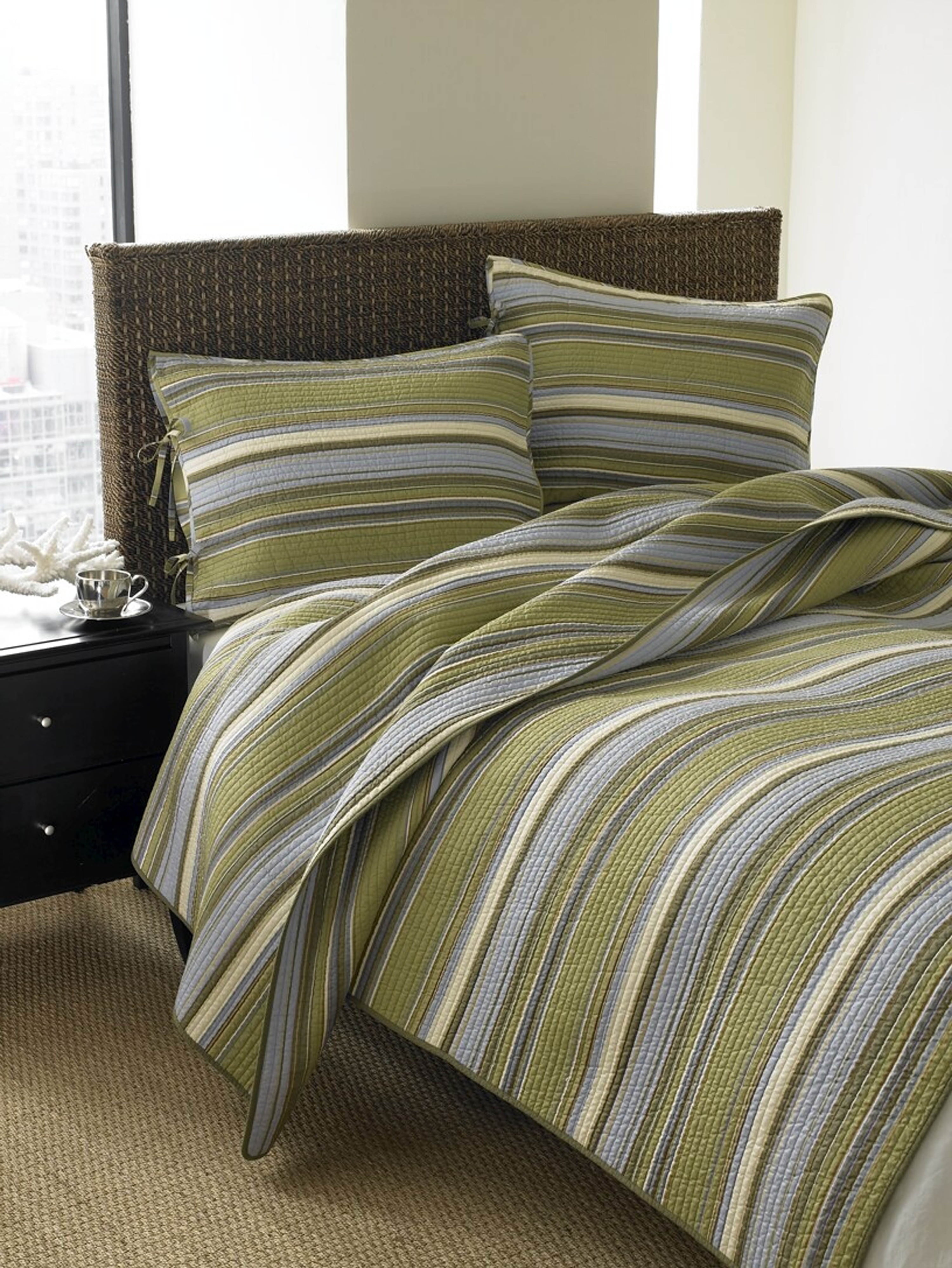 Green Striped Cotton Twin Reversible Quilt Set